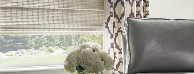 Provenance® Woven Wood Shades with Contrasting Drapes